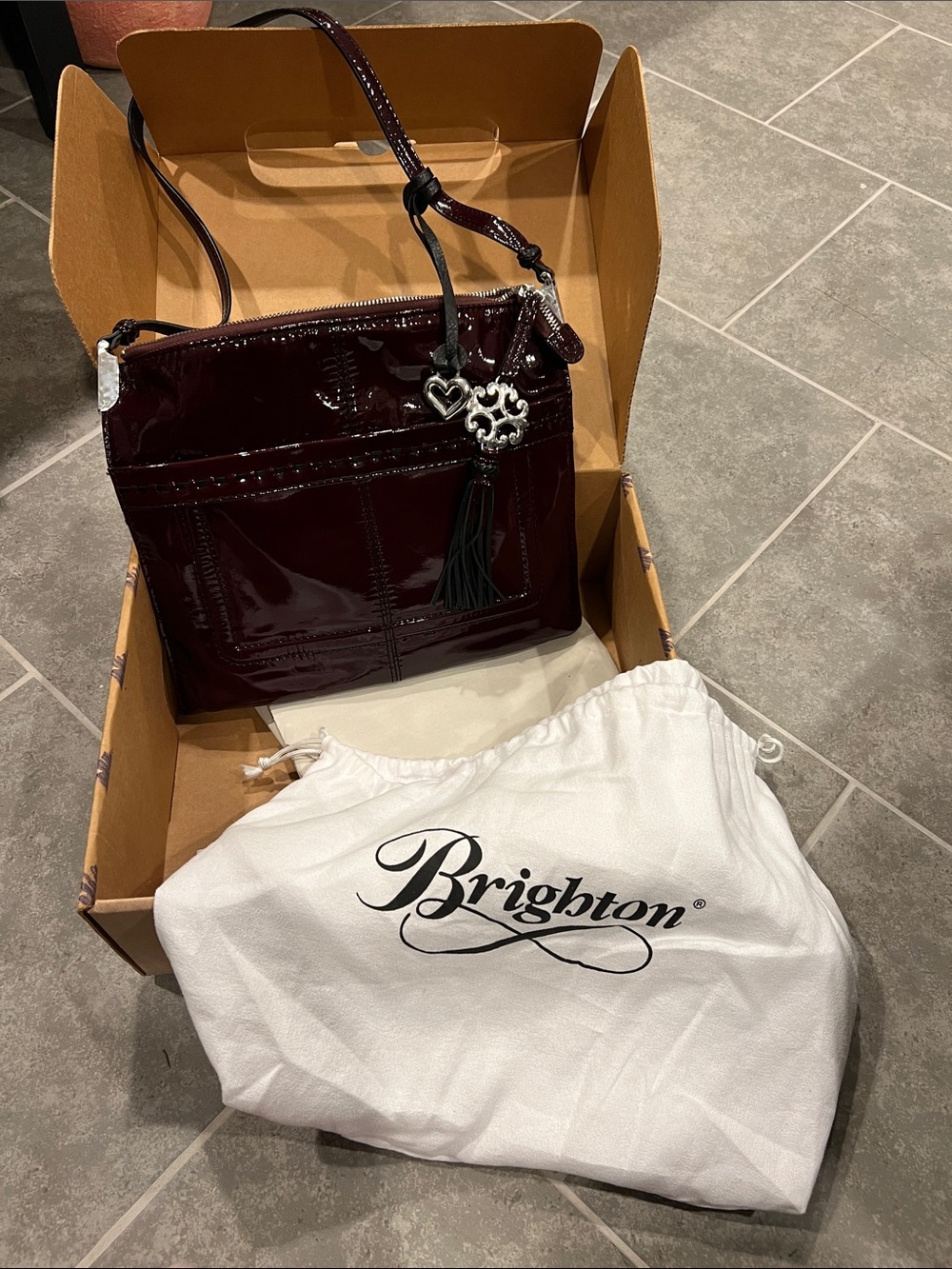 Brighton Rae Patent Leather Crossbody in Black Cherry